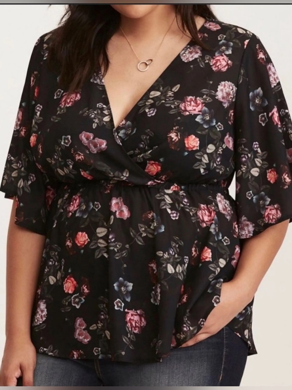 Torrid Floral V-Neck Peplum Top - Black with Pink Floral